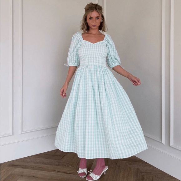 JessaKae Dresses & Skirts - JessaKae Mint Gingham Puff-Sleeve Maxi Dress - Women